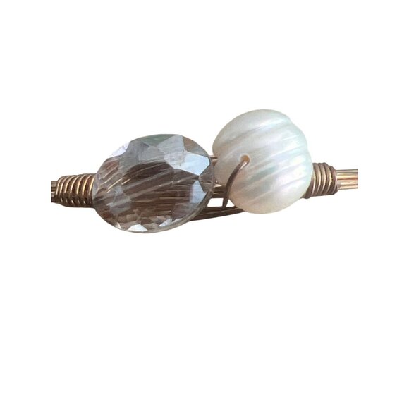 Gold Tone Wire Bangle Bracelet Genuine Pearl Glass Bead Stations Stack 8" - Picture 2 of 4